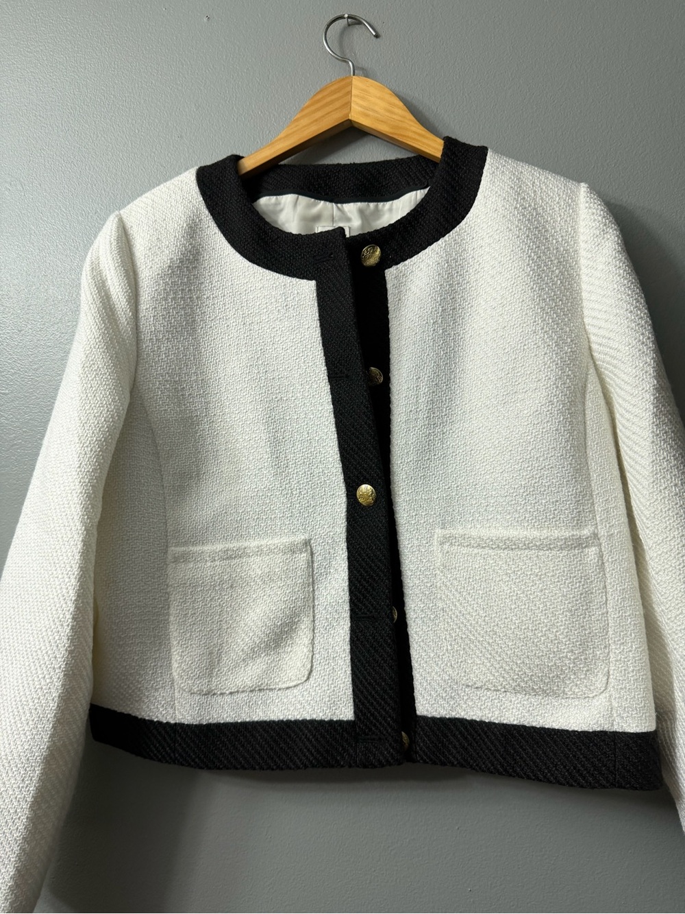 J.Crew Womens White Tweed Jacket with Black Trim - Classic Cropped Coat